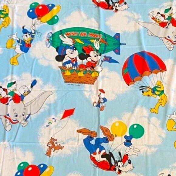 Vintage Disney Twin Bed Sheet Mickey Air Mobile and Friends Sky Scene - Picture 1 of 2